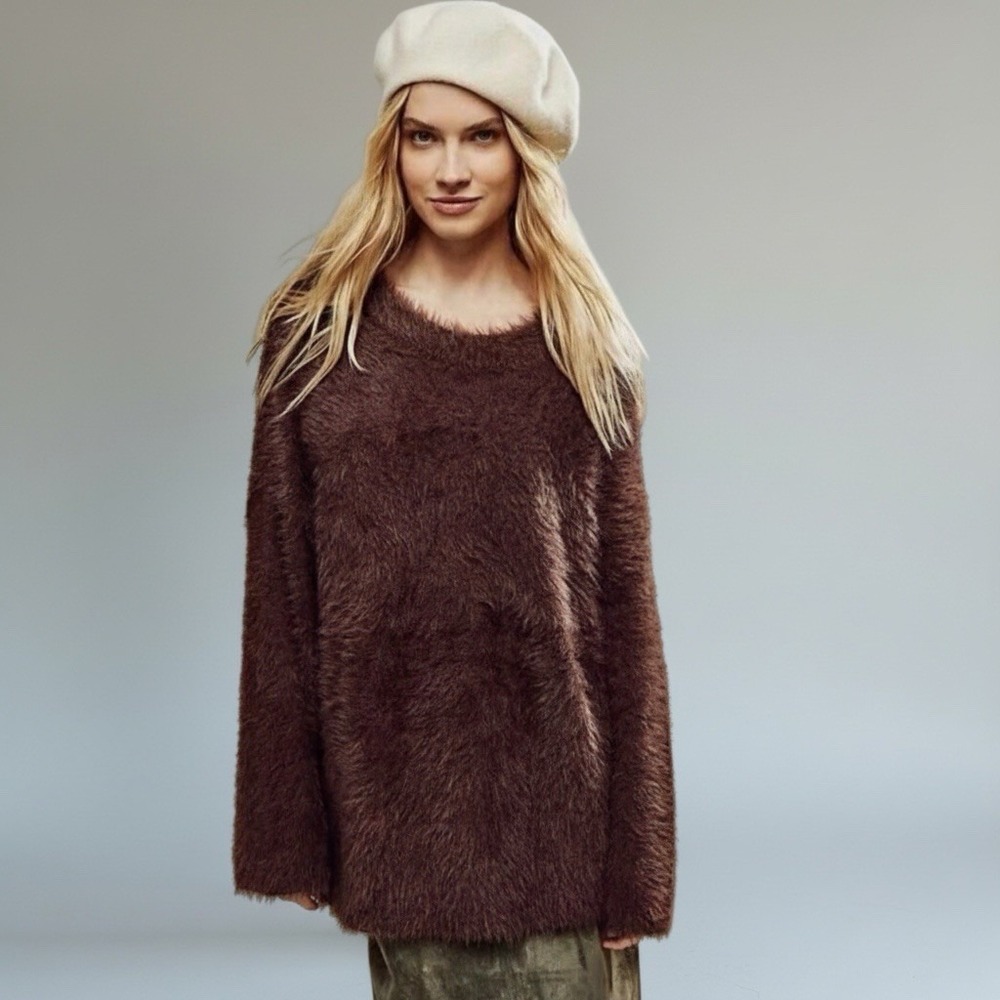 Free People Harrison‎ Bunny Crew Neck Sweater Relax Fit Mocha Brown Size XS